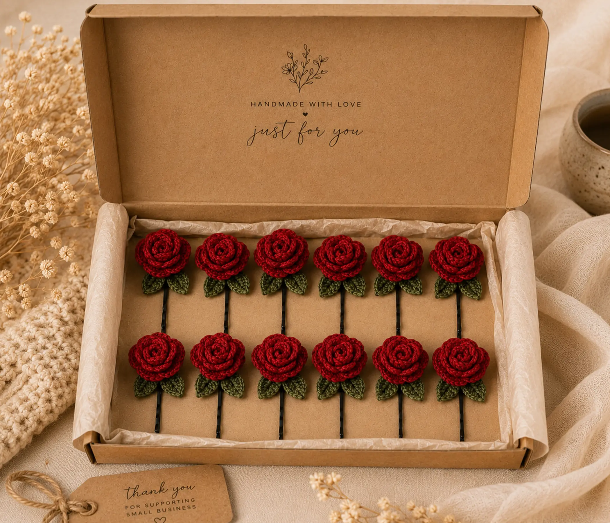 Handmade Crochet Rose Hair Pins (Pack of 12)